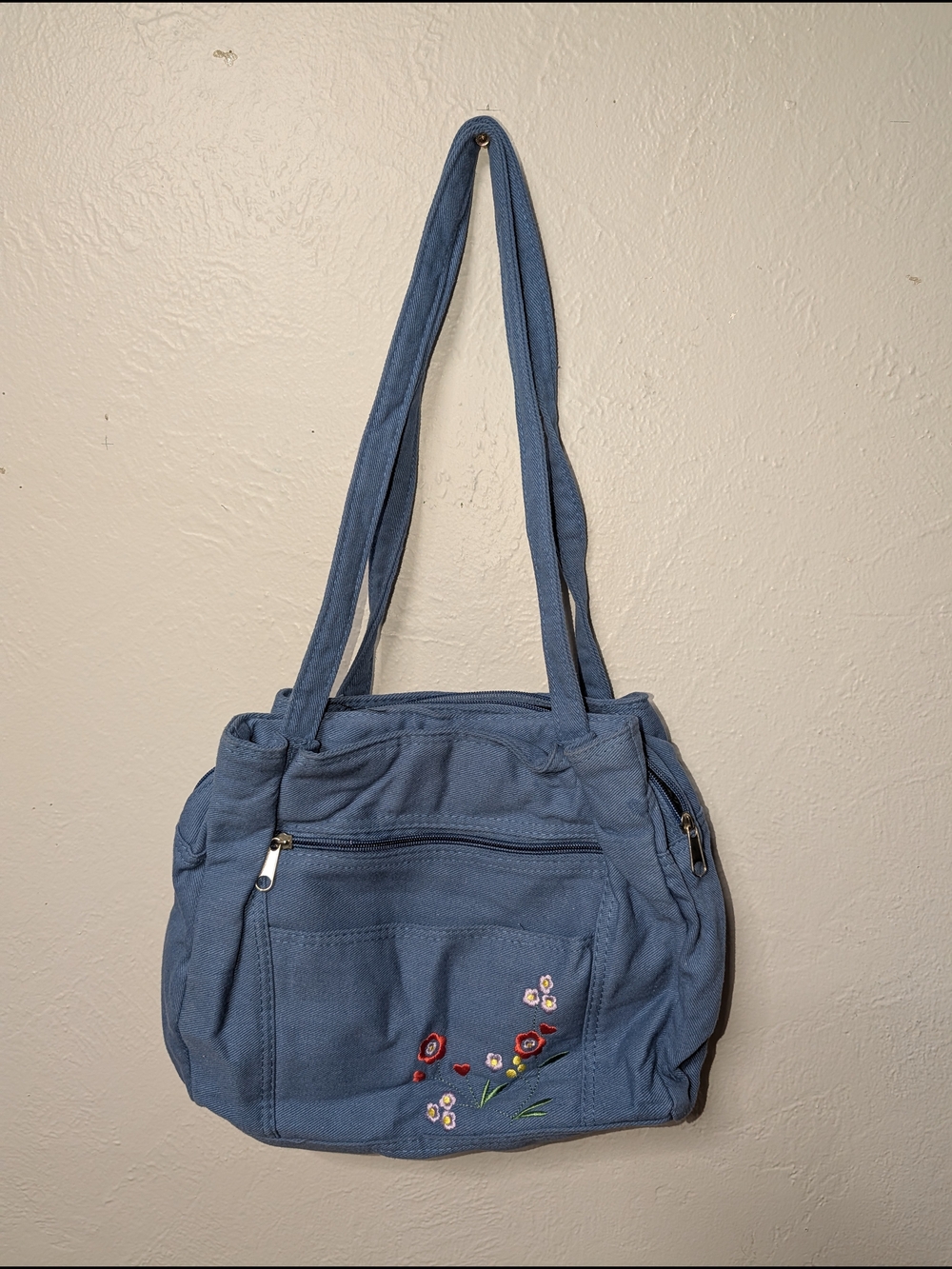 Blue Embroidered Canvas Shoulder Bag - Women